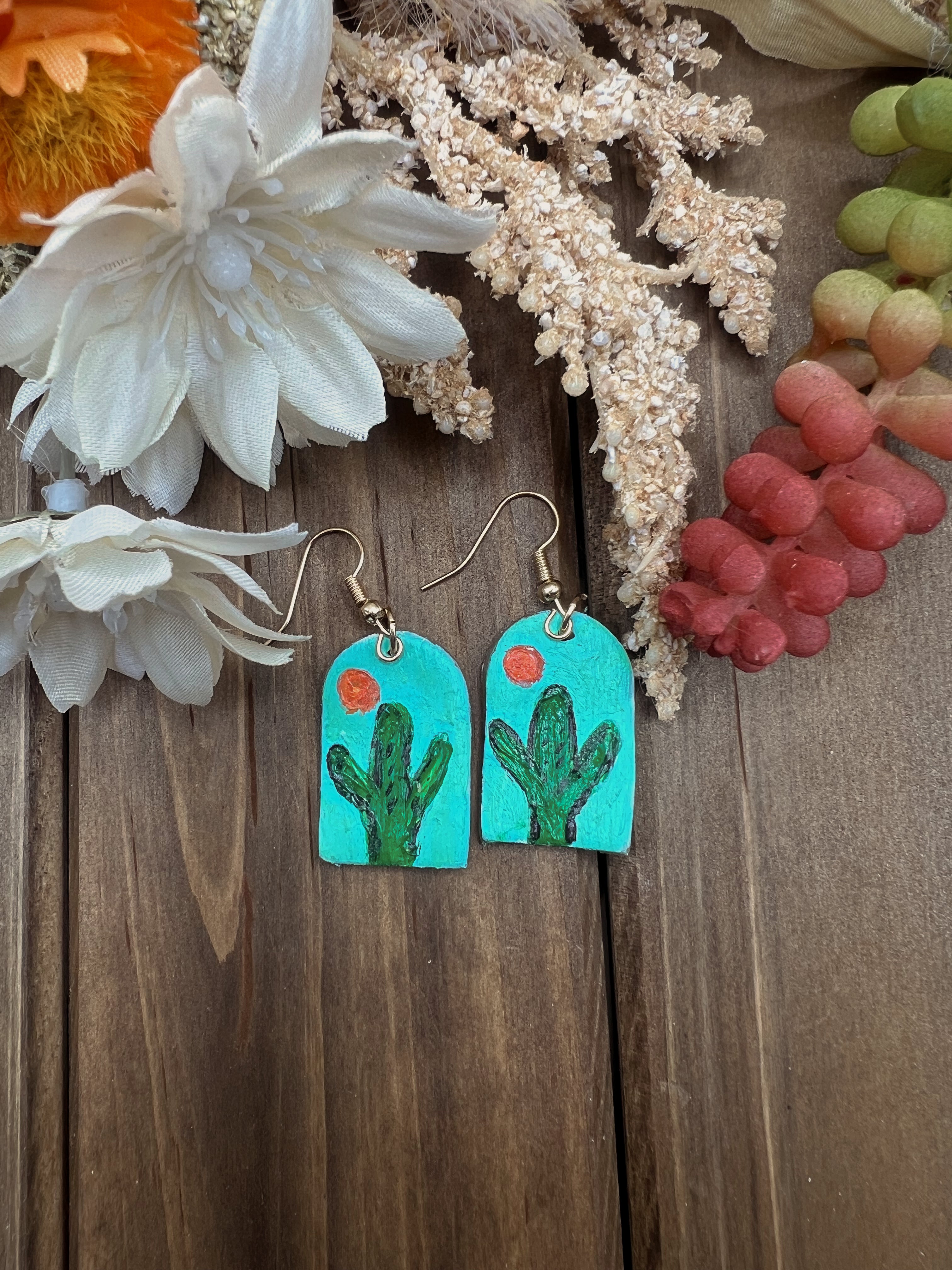 Hand-painted Cactus Earrings (Blue)